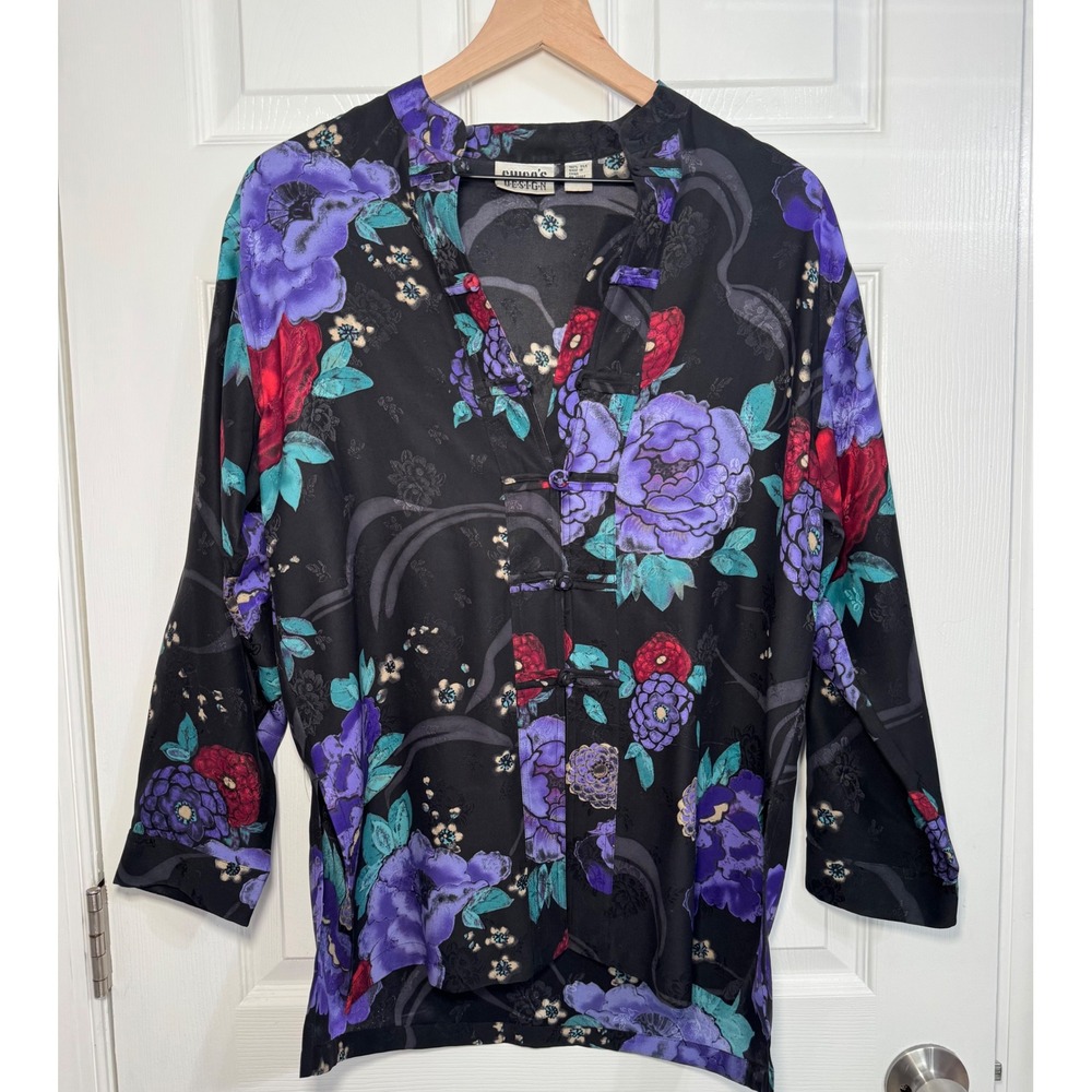 VTG 90s Chico's 100% Silk Floral Button Blouse Artsy Art-to-wear Top 0 Small